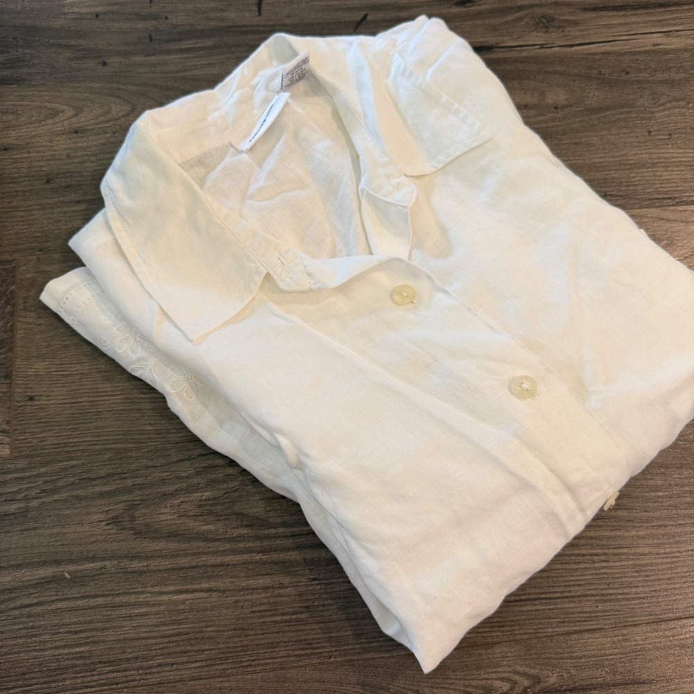 Parisian Works White 100% Linen Eyelet Floral Embroidered Button Down Shirt L‎
